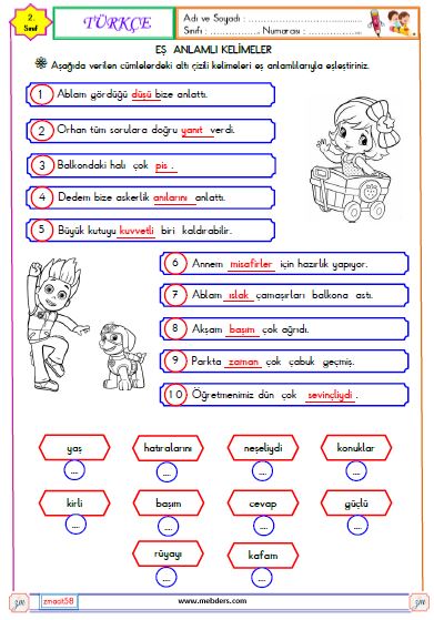 2. Sınıf Türkçe Eş Anlamlı Kelimeler Etkinliği